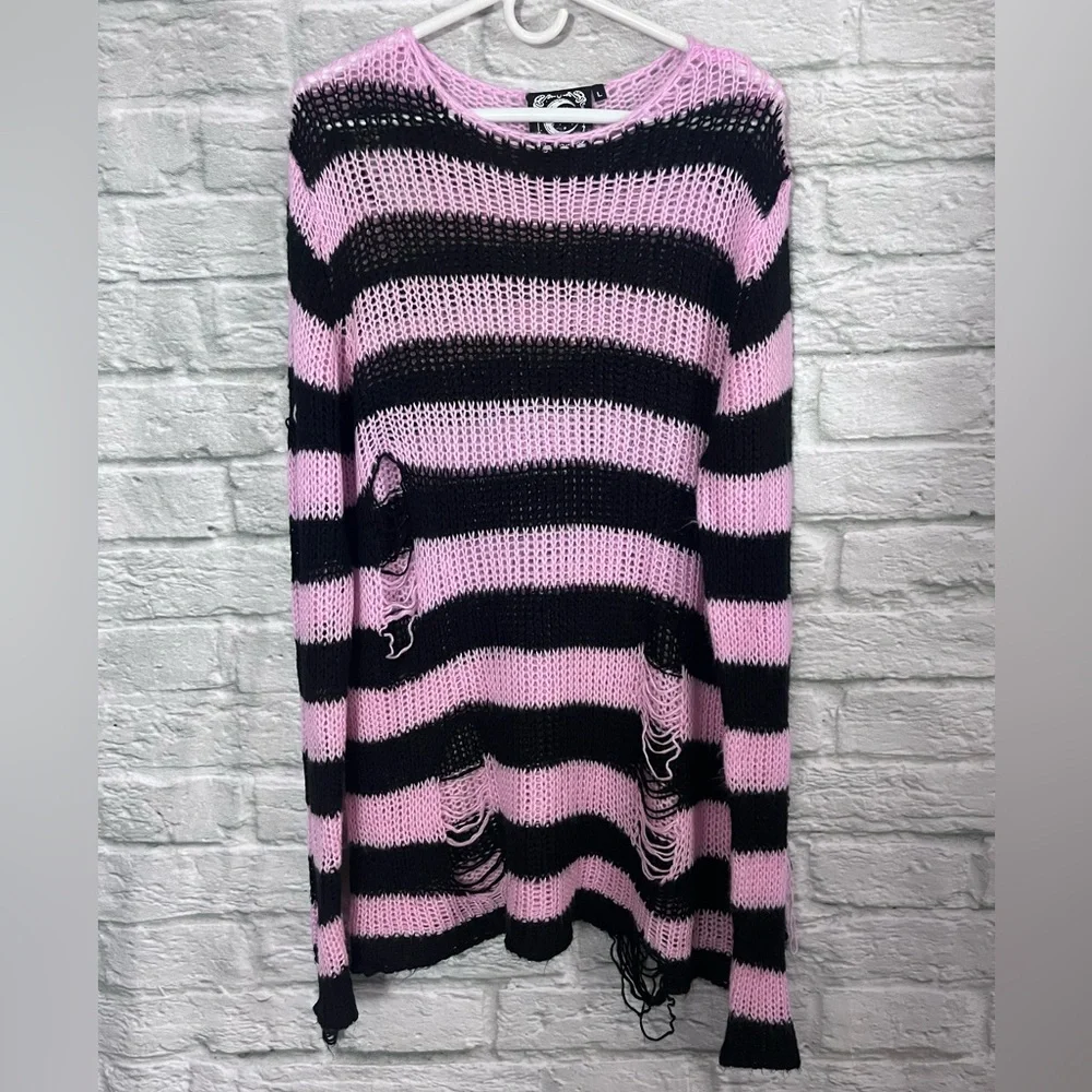 Killstar Size Large Bad Blossoms Knit Sweater Pink And Black Distressed Gothic - Picture 6 of 16